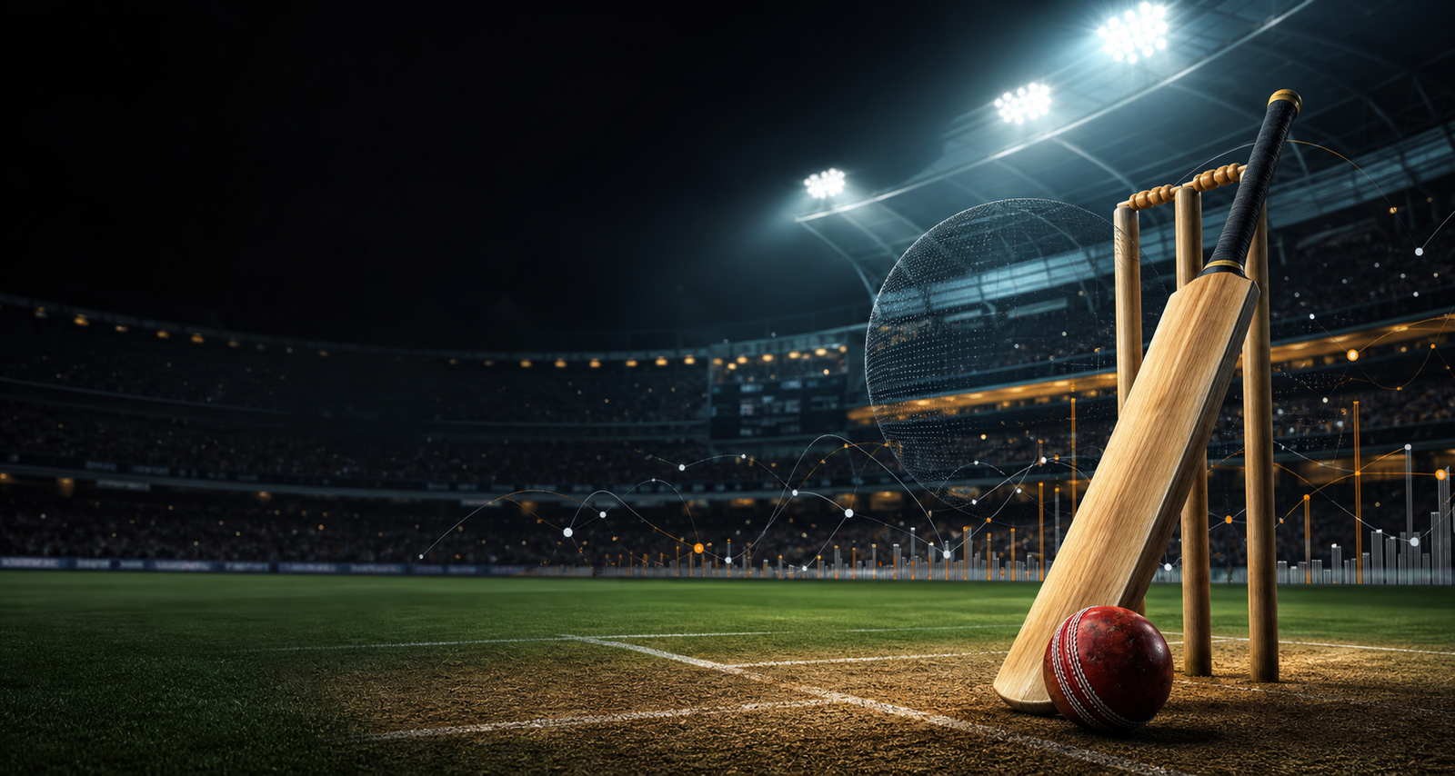 A floodlit cricket stadium with prediction-style data overlays